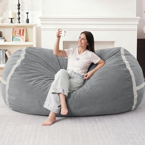 Image of 6FT Bean Bag Chair 6'Giant Bean Bag Chairs with Adults, Large Beanbag Chair | Bean bag Lounger with Machine Washable Cover Dutch Velvet Fabric, Comfy Chairs for Living Room, Bedroom, Dorm, Lightgrey