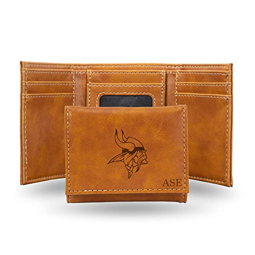 Rico Industries NFL Minnesota Vikings Brown Personalized-Custom Laser Engraved Faux Leather Tri-fold Wallet - Slim Wallet