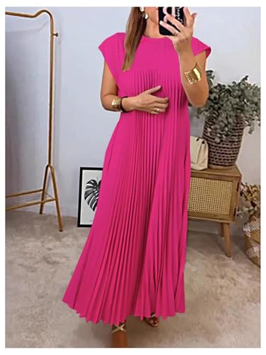 Image of GORGLITTER Women's Pleated Flowy Chiffon Church Dresses Elegant Summer Short Sleeve Wedding Guest Maxi Dress Outfits