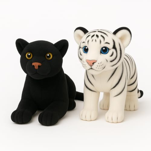 Image of Black Panther & White Tiger Plush Toys Combo | Soft Stuffed Animal Set for Kids | Cute Jungle Animal Plushies for Boys & Girls | Gifting & Home Decor