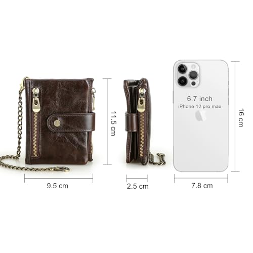 Contacts Chain Wallet for Men Anti-Theft Biker Wallet Crazy Horse Leather Bifold Purse Mens Brown Zipper Coin Holder RFID Blocking3