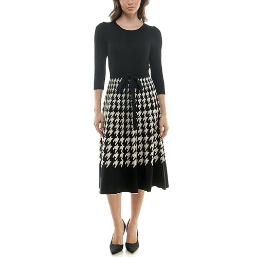 Women's 3/4 Sleeve Solid Sweater Midi with Houndstooth Skirt2