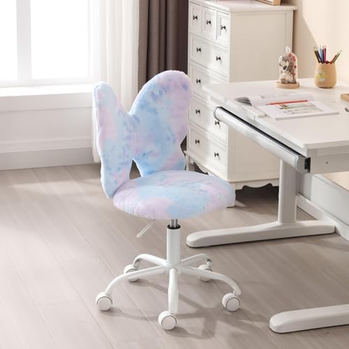Image of Kmax Adjustable Kids Butterfly Chair - Plush Faux Fur Swivel Office Desk Chair with Wheels, Ergonomic Children's Study Seat for Bedroom, Reading Room, Playroom - Dreamy Blue Design