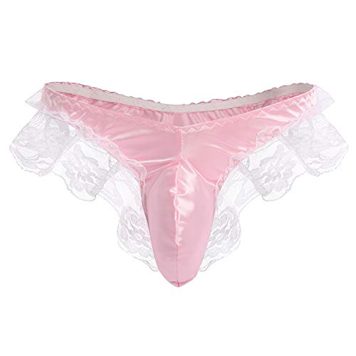 Sexy Men’s Floral Lace Underwear Shiny Satin Sissy Pouch Crossdress G-String Thong Panties Maid Cosplay Lingerie Brief2