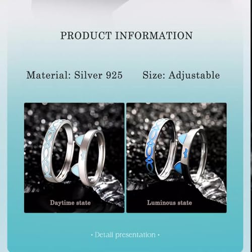 Bagues de couple chat et poisson phosphorescentes en argent S925