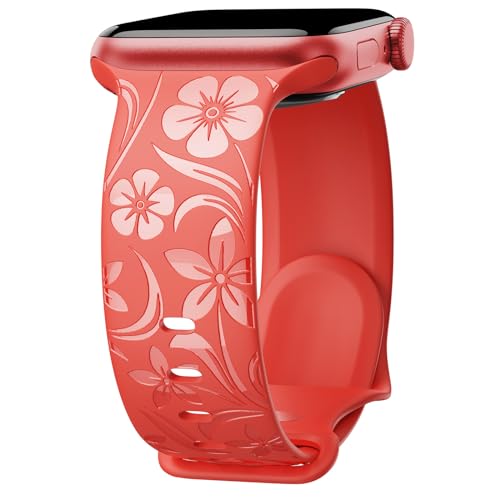 Bracelet floral gravé Apple Watch silicone souple rouge brillant toutes séries iWatch