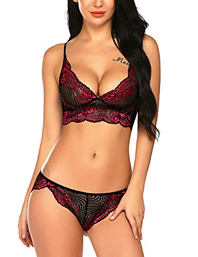 ADOME Women's Lace Lingerie 2 Piece Bra and Panty Set Sexy Lingerie for Women Teddy Babydoll Bodysuit (X-Large, WR)