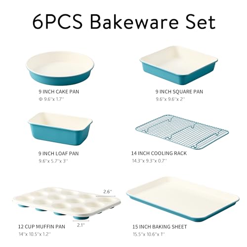Image of CAROTE 6-Piece Ceramic Baking Pans Set, Aluminized Steel Bakeware Sets, Toxin-Free Nonstick Stackable Oven Pans with Cookie Sheet, Muffin Pan, Loaf Pan, Round & Square Cake Pan, Cooling Rack