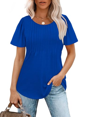 Womens T Shirts Short Sleeve Pleated Dressy Casual Scooped Neck Summer Tops Blouses3
