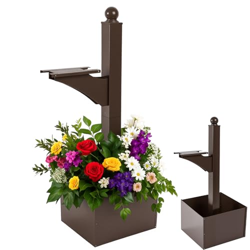 Colingmill 1 Set Iron Mailbox Posts with Planter Box for Outside 56 Inch / 4.6 ft Tall Decorative Mount with Flower Box Heavy Duty Architectural Post(Brown)