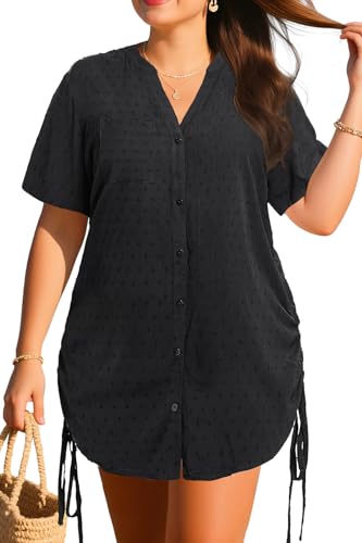 Plus Size Swimsuit Cover Up - Beach Bathing Suit Coverup Button Down Swiss Dot Shirt