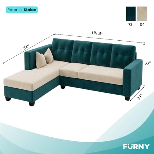 Image of FURNY Nathan 5 Seater L Shape Sofa Set LHS (Green Teal-Cream) | Suede Velvet Finish | Durable Comfort Sofa for Modern Living Room & Office Spaces