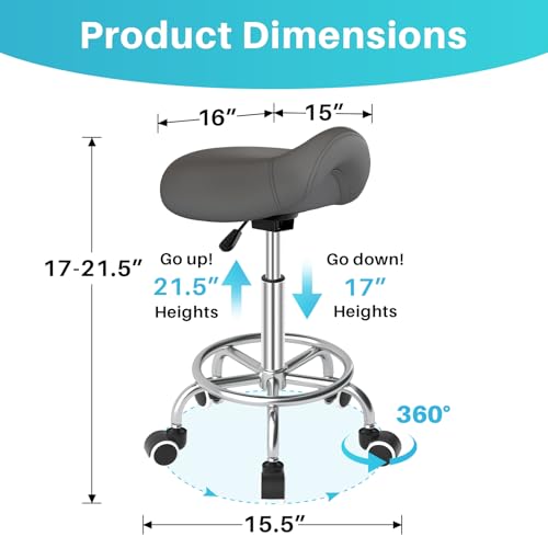 Image of YEEZEE Saddle Stool Ergonomic- Comfortable Rolling Saddle Stool with Wide Thick Saddle Seat Padding, Swivel Adjustable Saddle Chair with Wheels and Ring Pedal for Medical Massage Salon (Grey)