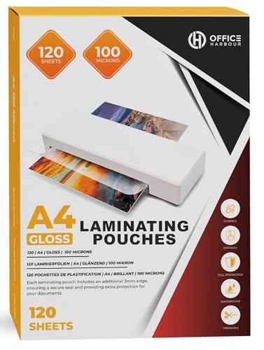 Bolsas de plastificado A4, 120 hojas, 100 micras, acabado brillante, impermeable, duradero, recortable, lavable, borde de 3 mm para un sellado suave, perfecto para documentos, fotos, menús