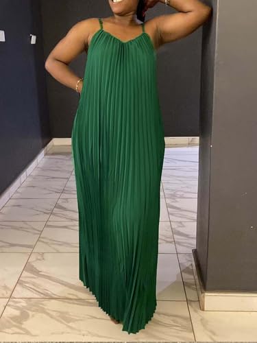 Image of Women's Summer Casual V Neck Sleeveless Strappy Pleated Flowy Loose Maxi Long Beach Dress