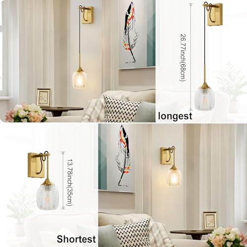 Image of Battery Operated Wall Sconce Rechargeable Wall Light with Dimmable Bulbs Cordless Wall Lamps with Striped Glass Lampshade for Bedroom Living Room Hallway (Gold)