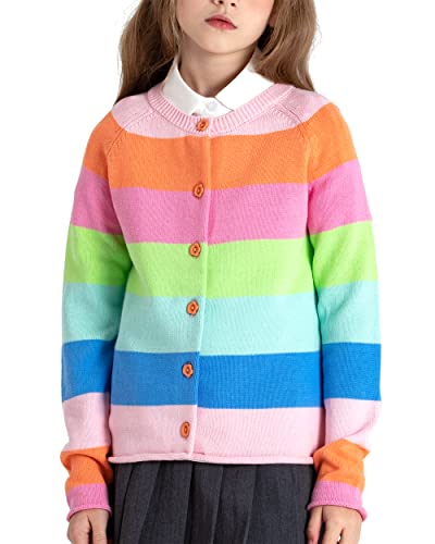 BOBOYOYO Girls Cute Cardigan 100% Cotton Rainbow Kids Cardigan Sweater Button up Striped Knit Cardigan Children for 5-12 Y2