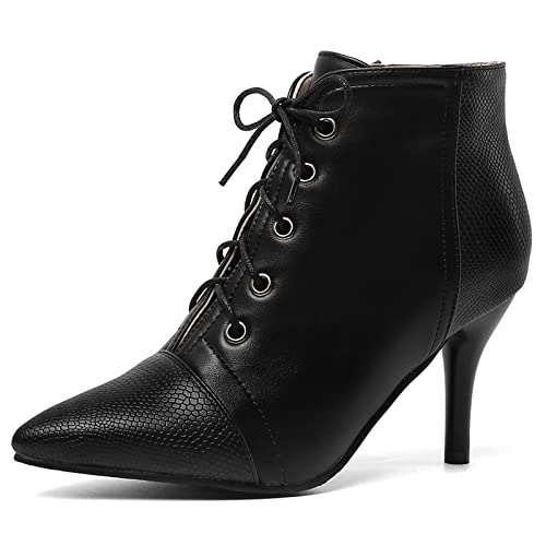 Viéctaa Bottines Femme Hiver Effet Cuir Serpent Talon Haut Aiguille Lacets Bout Pointu Soirée Chaussures Boots - Noire Velours Blanc 38 Cover
