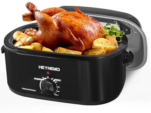 26 Quart Electric Roaster, 1450W Roaster Oven with Defrost&Heat&Warm Function, Turkey Roaster Oven with Self-Basting Lid?Removable Pan and Rack Easy Clean, Stainless Steel, Black