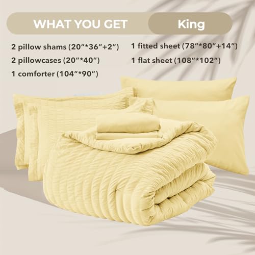 Image of HYMOKEGE Yellow King Size Comforter Set Seersucker 7 Pieces, All Season Luxury Bed in a Bag for Bedroom, Bedding Set with Comforter, Sheets, Pillowcases & Shams