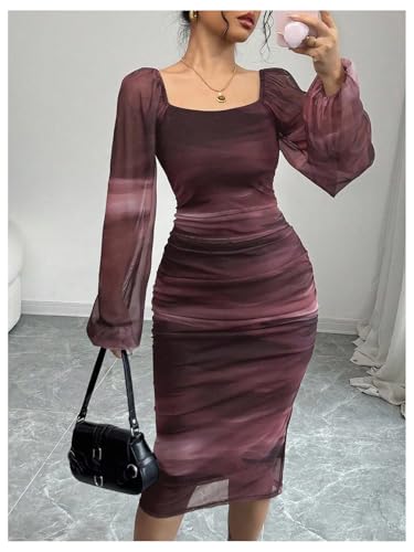 GORGLITTER Women's Tie Dye Bodycon Mesh Dress Lantern Sleeve Square Neck Ruched Party Midi Dresses3