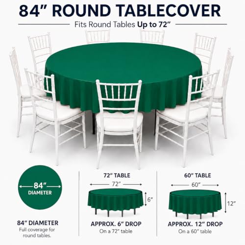 Image of Party Dimensions Green Disposable Plastic Tablecloth for Round Tables (12 Pack) Table Cloths for Parties, Events & Weddings, Indoors & Outdoors, 84 inches, Plastic Table Cover | Disposable Waterproof Table Cover for Birthdays, Weddings, Graduations, Picnics & BBQs, Indoor /Outdoor, Fits Tables up to 72 inch