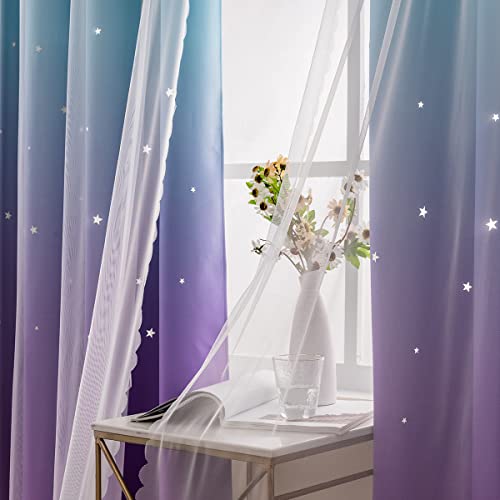 Reepow Kids Room Curtains With Hollow-Out Star And Tulle Overlay, Blue Purple Ombre Blackout Curtains For Boys Girls Bedroom - 52" X 63" X 2 Panels #TOP1