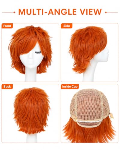 Image of Rose bud Anime Halloween Dark Orange Wig for Cosplay Party Synthetic Layered Short Hair Wigs with Bangs Pastel Funny Wigs for Women Men