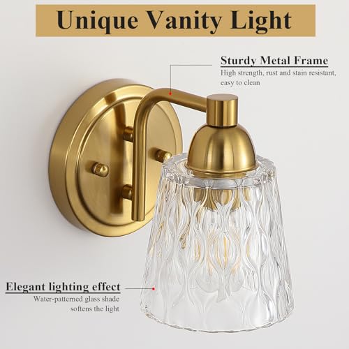 Image of Mecgirn Stainless Steel Bathroom Vanity Light Over Mirror, 1 Light Brushed Gold Bathroom Light Fixtures with Textured Glass Shades, Modern Vanity Lighting Wall Mount