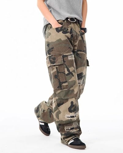 Mens Camo Cargo Jeans Mid Rise Flap Pockets Wide Leg Ripped Jeans Baggy Camouflage Y2k Streetwear Denim Pants4