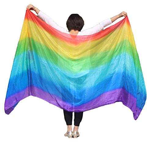 Winged Sirenny Multi-Color Sheer Flowy Diaphanous Oriental Dance Silk Veil, Lightweight Belly Dance Authentic Silk Shawl,Rainbow