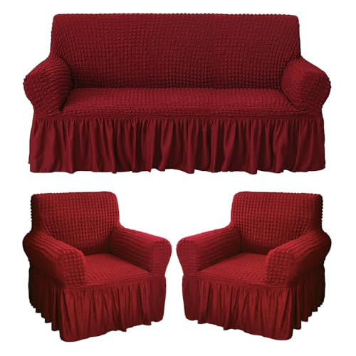 Image of House of Quirk Turkish Bubble Frill Five Seater 3 + 1 + 1 Sofa Slipcovers 280 GSM, Durable Washable Universal Triple Seater High Elastic Furniture Protector ((Maroon))