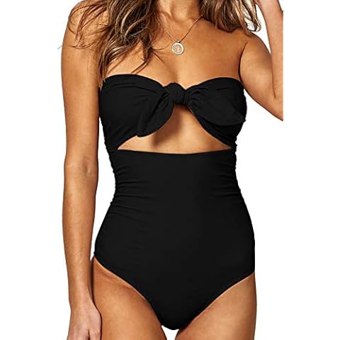 QINSEN Womens Sexy Strapless Tie Knot Front High Waist One Piece Swimsuit (M, Black) Cover