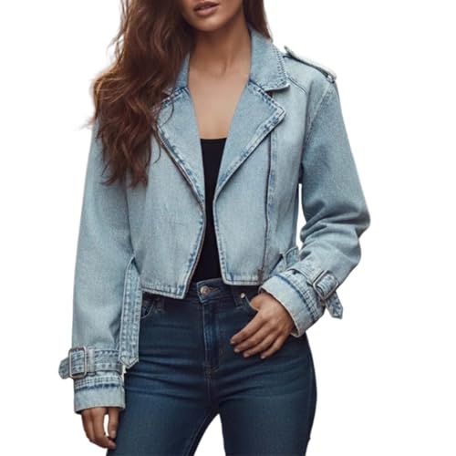 Generisch Chaqueta vaquera para mujer, moderna, con solapa, chaqueta vaquera, estilo vintage, chaqueta vaquera lavada, chaqueta de moto con cinturón, chaqueta ligera para otoño y primavera, chaqueta