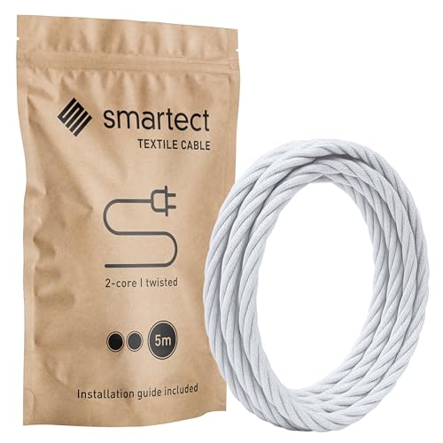 smartect Cavo Elettrico Tessile intrecciato Bianco, 5 Metri Filo Elettrico Vintage, Bipolare (2 x 0.75mm²) Cavo Elettrico Rivestito in Tessuto per Fai da Te