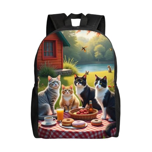 Comfort Fit Unisex Group of Cats Sitting Around Picnic Table Donuts Fruit Backpack Durable Commute Travel Adventures 16 in