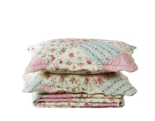 Brilliant Sunshine Pink And Green Rose Patchwork, 3-Piece Quilt Set With 2 Shams, Reversible Bedspread, Soft Lightweight Coverlet, All-Season, Full/Queen, Pink Green #TOP7
