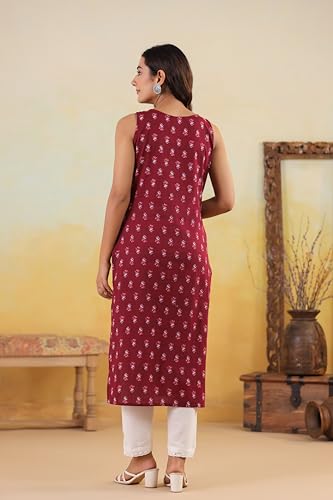 Image of Ichaa Women's All-Over Printed Sleeveless Kurta | Regular Fit Ethnic Kurta | Round Neck Straight Fit Kurta