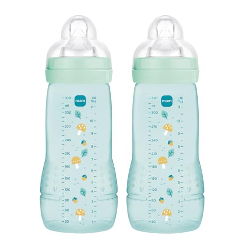 MAM Pack 2 Biberones, a partir de 6 Meses, 330ml, con Tetina X Especial Líquidos Espesos de Silicona de Fácil Aceptación, Fácil de Sostener, Fácil de Limpiar, MAM Easy Active, Azul, Pack de 2uds