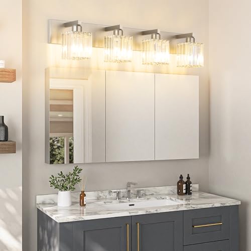 Image of Aipsun Brushed Nickel Bathroom Lighting Fixtures 4 Light Crystal Modern Bathroom Vanity Light (Exclude Bulb)