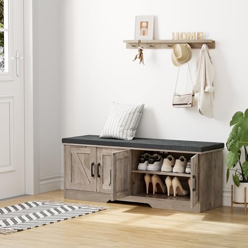Image of HOMSHO Farmhouse Shoe Storage Bench with 4 Barn Doors & Padded Seat Cushion | 47.2 inch Wide Entryway Bench with Adjustable Shelves & Hidden Storage, Greige