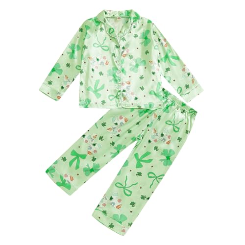 Kavousa Toddler Girl Boy Satin Silk Pajamas Bow Clover Print Pajama Set Button Down Tops Pants St Patricks Day PJs Nightgown (Clover Light Green, 1-2 Years)