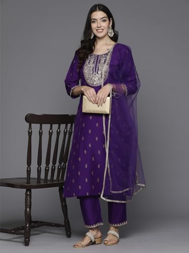 Image of INDO ERA Women's Polyester Embroidered Straight Kurta Pant With Dupatta Set