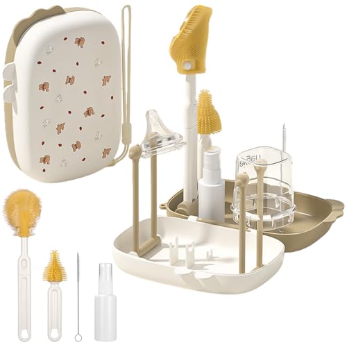 7 en 1 Cepillo Limpia biberones de Silicona, Kit Completo de Limpieza de biberones con Cepillos de Silicona, Cepillo para pezón para Pajita, dispensador de jabón y Estante de Secado