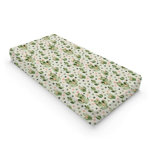 Image of Desert Cactus Floral Diaper Baby Changing Pad Covers for Boy Girl 32''x16'' Watercolor Cactus Southwest Plants Fitted Change Table Mats Vintage Cactus Flowers Soft Breathable Cradle & Bassinet Sheets