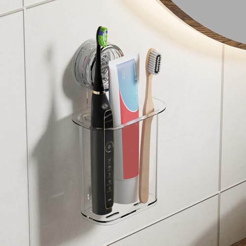 PAVSTINE 歯ブラシスタンド 吸盤式 歯ブラシホルダー 錆びにくい 強力真空吸着 水切り 電動歯ブラシ 歯磨き粉 浮かせる収納 穴あけ不要 多機能 お風呂 洗面所 浴室用ラック 壁掛け 歯ブラシ立て - クリア