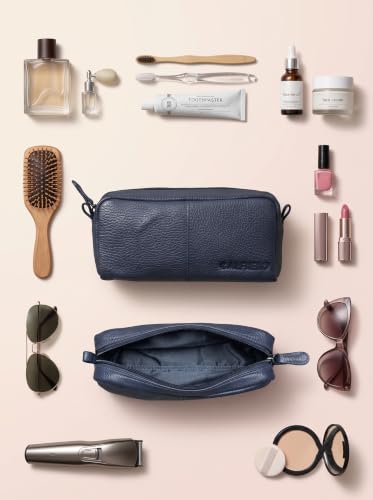 Image of Calfnero Genuine Leather Toiletry Bag for Men & Women | Premium Leather Travel-Pouch | Toiletry Organizer | Cosmetic & Shaving Kit Bag | Unisex Travel Dopp Kit (Navy)