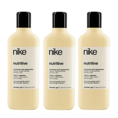 NIKE - Gel de Baño Nutritivo 3x650 ml, Pack 3, Gel de Ducha, Nutrición Intensa, con Miel, Quinoa y Avena, Nutre y Regenera, Fórmula Respetuosa con el Microbioma Cutáneo, Cuidado Avanzado de la Piel