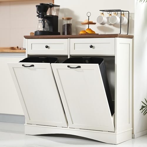 Spurgehom Double Tilt Out Trash Cabinet with 2x13 Gallon Trash Can Storage, Freestanding Kitchen Trash Can Cabinet with Hideaway Drawers Pet Proof for Kitchen, Antique White