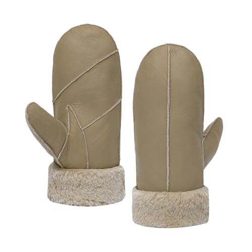 MGGMOKAY Damen Lammfell Shearling Fäustlinge Warme Winter Lederhandschuhe,Beige,L